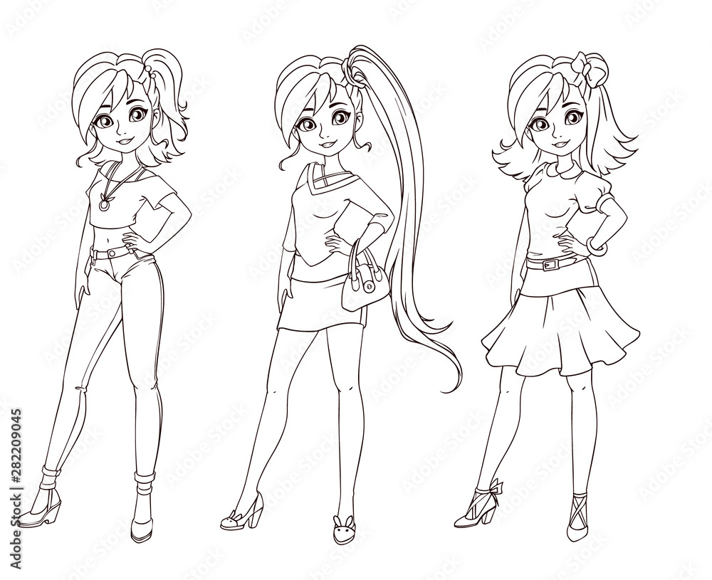 Set of three cute girls with different haircuts and clothes. Outlined images.  Hand drawn cartoon illustration. Can be used for coloring books, paper dolls, mobile games, study etc.