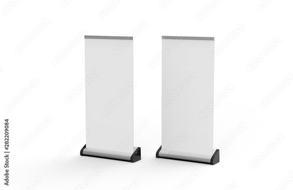 White blank empty business roll up and standee banner display mock up template for your design presentation, 3d illustration White blank empty business roll up and standee banner display mock up template for your design presentation, 3d illustration