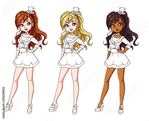 Set of three different girls wearing St Patricks day costume. Colored body with white costume. Hand drawn cartoon illustration. Can be used for coloring books, paper dolls, mobile games, study etc.