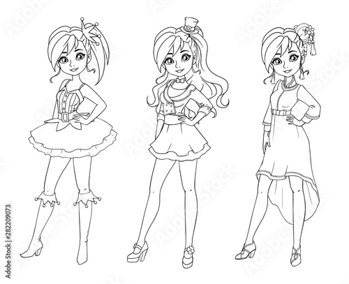 Set of three cute girls with different haircuts and clothes. Outlined images. Hand drawn cartoon illustration. Can be used for coloring books, paper dolls, mobile games, study etc.