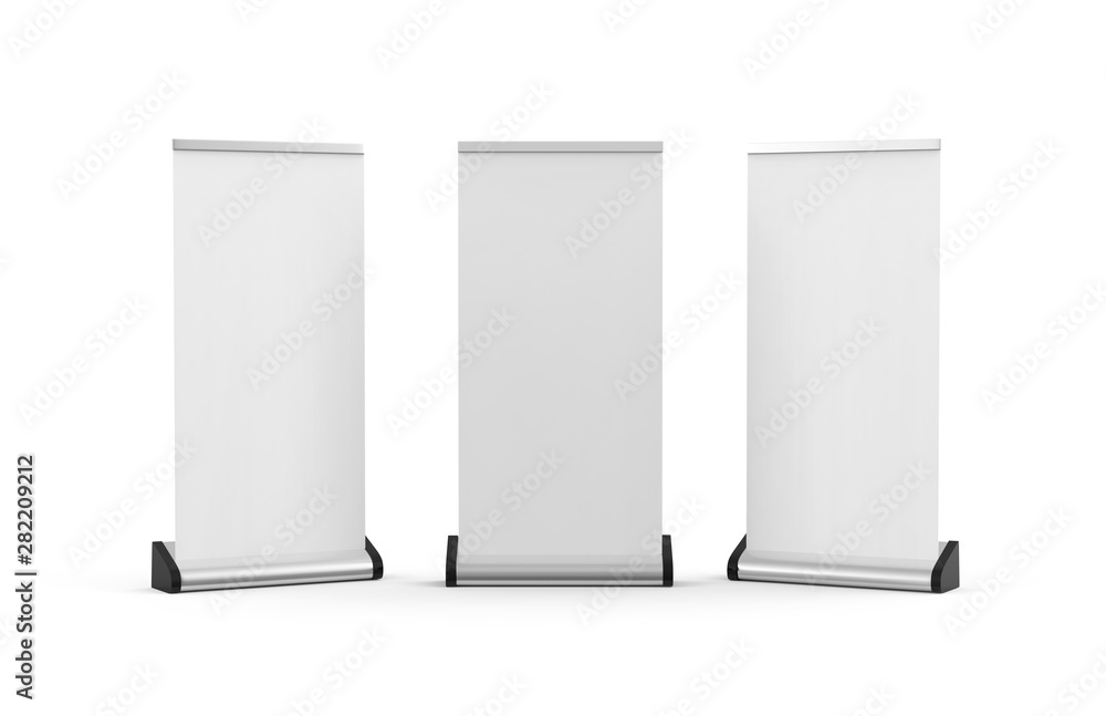 White blank empty business roll up and standee banner display mock up template for your design presentation, 3d illustration White blank empty business roll up and standee banner display mock up template for your design presentation, 3d illustration