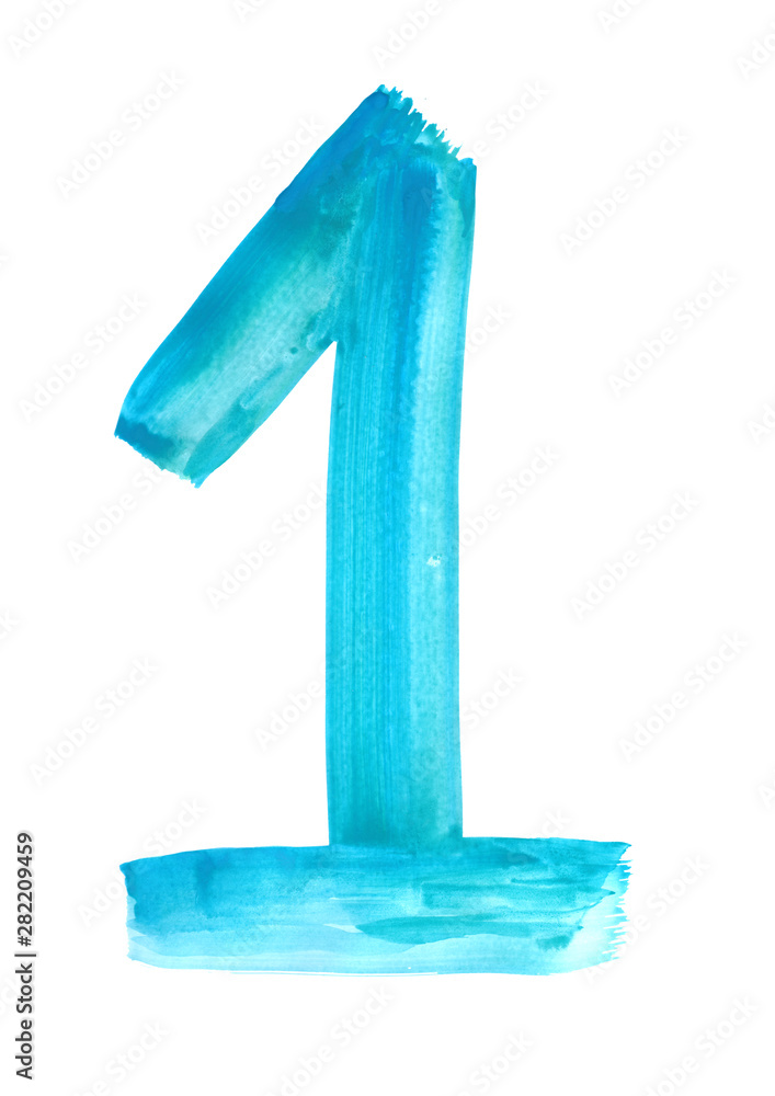 Blue and green watercolor number 1 on white background. Hand drawing