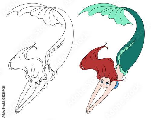 Pretty anime swimming mermaid. Red hair and green fish tail.