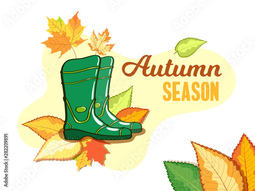 Green gumboots with autumn leaves. Vector illustration
