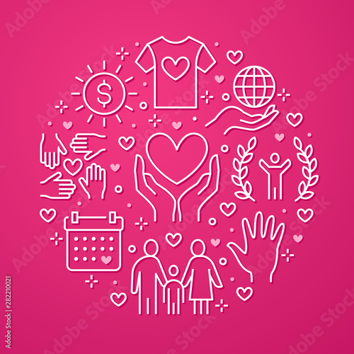 Charity vector circle banner with flat line icons. Donation, nonprofit organization, NGO, giving help illustration. Outline signs for donating money, volunteer community poster