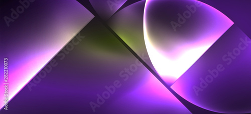 Techno glowing glass geometric shapes vector background, futuristic dark template with neon light effects and simple forms