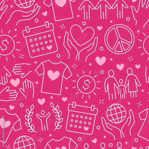 Charity vector seamless pattern with flat line icons. Donation, nonprofit organization, NGO, giving help illustrations. Pink white color background, wallpaper for donating, volunteer community poster