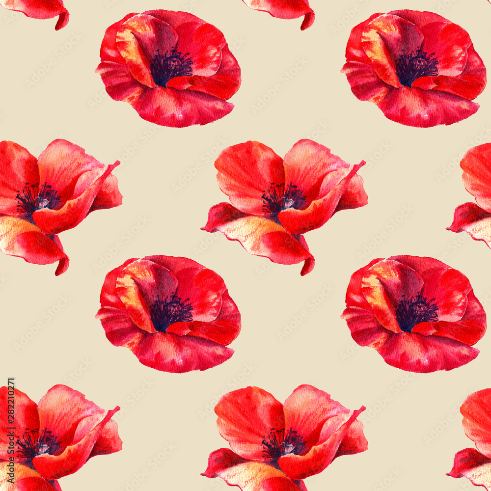 Red poppies on a beige background. Floral seamless pattern with big bright flowers.Summer watercolour illustration for print textile,fabric,wrapping paper. Red poppies on a beige background. Floral seamless pattern with big bright flowers.Summer watercolour illustration for print textile,fabric,wrapping paper.