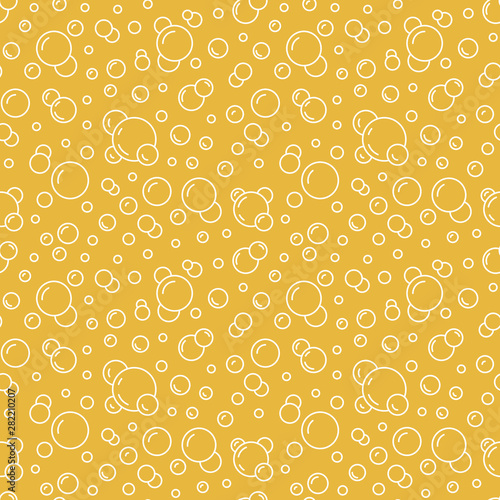 Bubbles vector seamless pattern with flat line icons. Yellow white color beer texture. Fizzy water background, abstract soda wallpaper