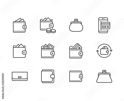 Wallet flat line icons set. Purse with money, coins, credit card, cashback, online payment vector illustrations. Finance outline signs. Pixel perfect 64x64. Editable Strokes
