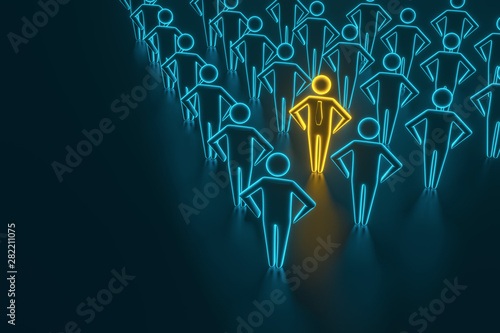 Concept leader of the business team indicates the direction of the movement towards the goal. Crowd of blue men goes for the leader of the gold color. 3D rendering
