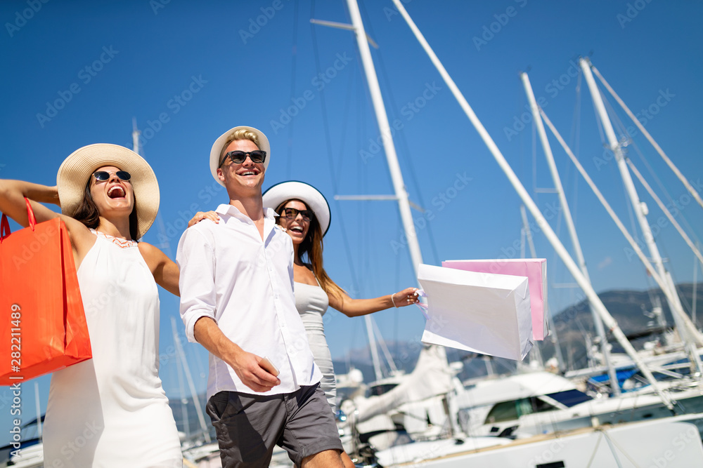 Happy tourist friends having fun on summer travel vacation Happy tourist friends having fun on summer travel vacation