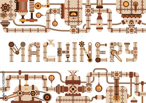 Steampunk machinery horizontal frame with pipes, parts and various mechanical devices. Vector illustration.