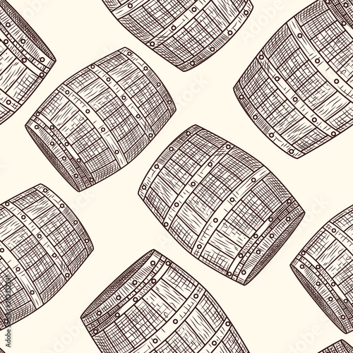 Hand drawn wood barrel seamless pattern. Engraving style.