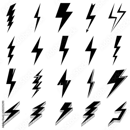 Thunder and Bolt Lighting Flash Icons Set. Flat Style on white Background. Vector