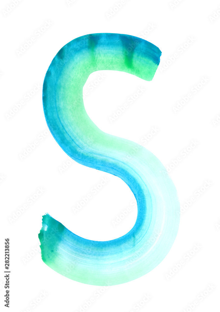 Blue and green watercolor hand drawing letter S on white background. Isolated gradient symbol of English alphabet for logo. Blue and green watercolor hand drawing letter S on white background. Isolated gradient symbol of English alphabet for logo.