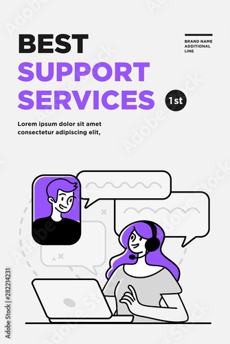 Poster, flyer or banner design template. Business concept illustrations. Modern flat outline style. Support service