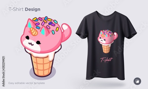 Kawaii ice cream cats. Ice Cream in form of round kittens in the waffle cone. Prints on T-shirts, sweatshirts, cases for mobile phones, souvenirs. Isolated vector illustration