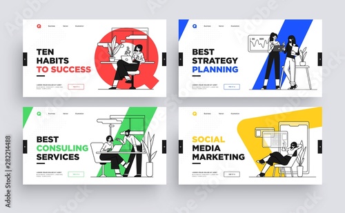 Set of Presentation slide templates or landing page websites design. Business concept illustrations. Modern flat outline style.