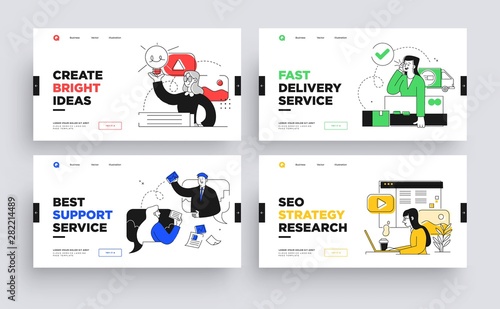 Set of Presentation slide templates or landing page websites design. Business concept illustrations. Modern flat outline style.