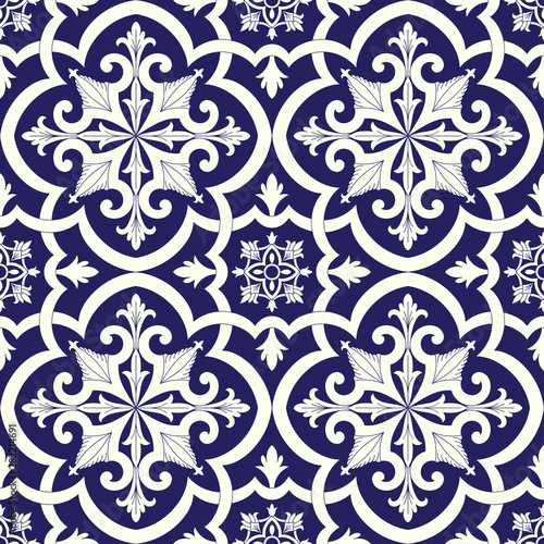 Mexican tile pattern vector seamless with flowers motifs. Portuguese azulejos, talavera, spanish moroccan, italian majolica or delft dutch ceramic design. Background print for wallpaper or textile.