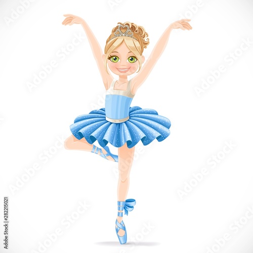 Ballerina girl in blue tutu dancing on one leg isolated on a white background