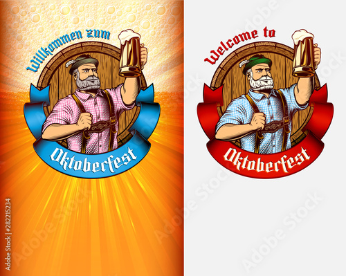 Poster for Oktoberfest with copy space. Man holds glass mug in raised hand on radiant beer background. Burgher in lederhosen. Banner ribbon. Vector template design of vintage illustration 24x36 inches