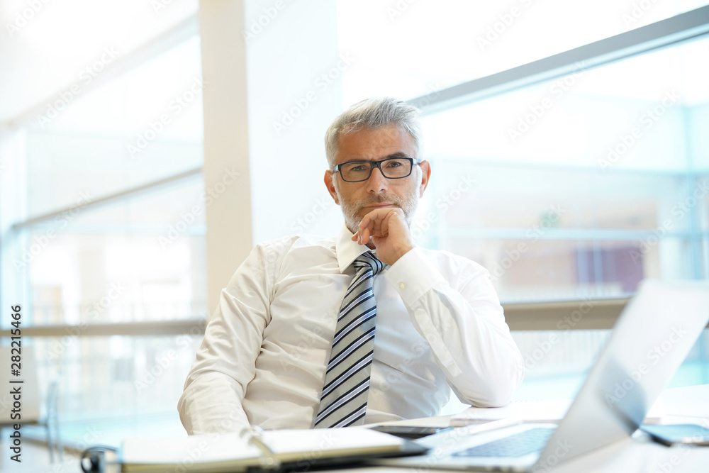 Portrait of mature businessman sitting at desk looking into camera Portrait of mature businessman sitting at desk looking into camera