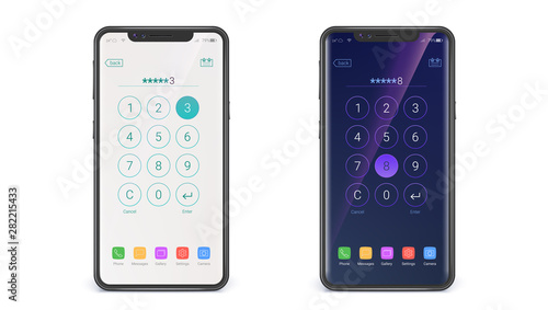Concept of touch screen smartphone, UI design. Screen of enter password with icons and buttons isolated on white background. Mobile phone wireless communication. Vector 3d illustration