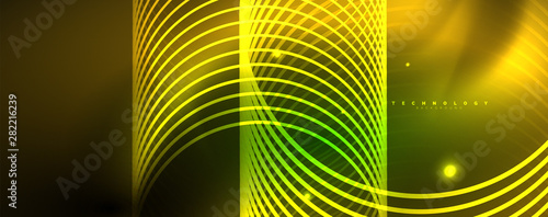 Shiny neon lines template - northern lights glowing blur lines. Futuristic style glow neon 80s disco club or night party techno template
