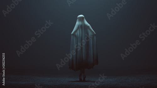 Standing Evil Spirit Ghost with Hands on Hips in a Death Shroud in a Foggy Void Back View 3d Illustration 3d Rendering