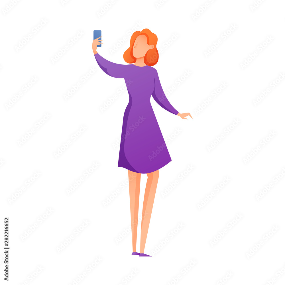 Cute red hair woman in purple dress making selfie Cute red hair woman in purple dress making selfie