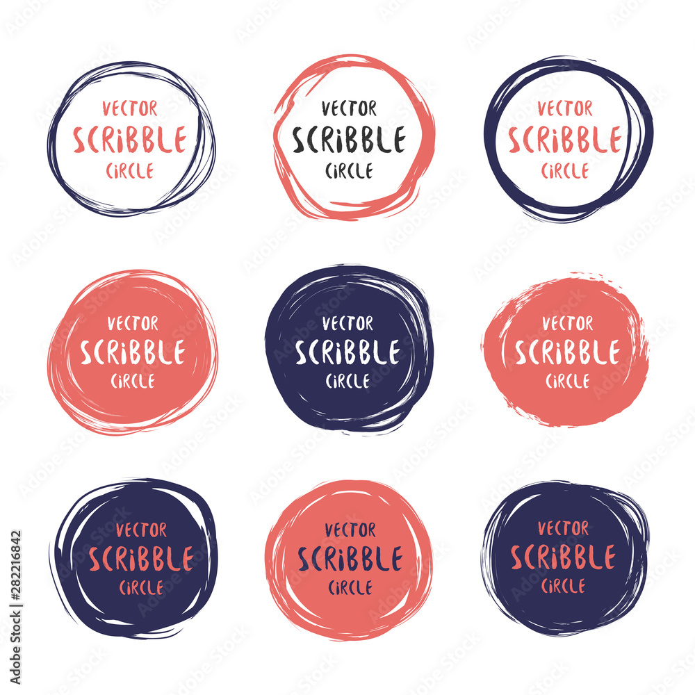 Hand drawn scribble colorful circles and labels with text vector set. Logo design and decoration elements