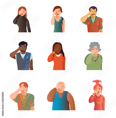 Set of cute different people facepalm, stress situation