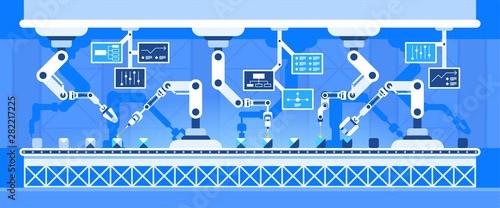 Conveyor line with robot arms flat illustration