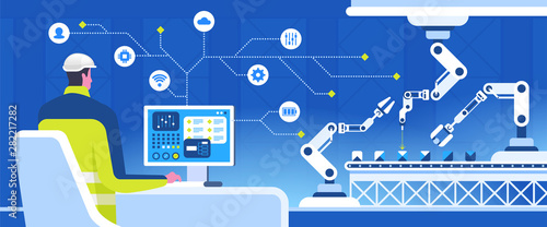 Smart conveyor manager flat vector illustration