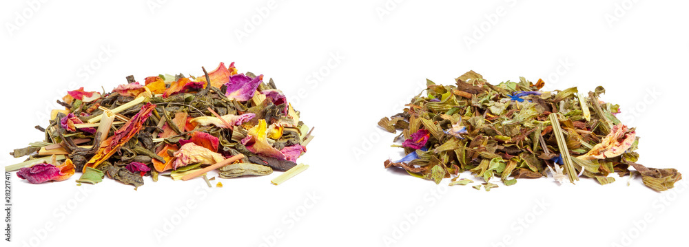 closeup of natural herbal tea made of various loose dried herbs isolated on white - obrazy, fototapety, plakaty 