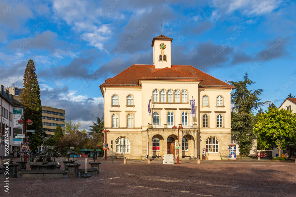 Sindelfingen, Baden Wurttemberg/Germany - May 11, 2019: Panorama of City Gallery building, Stadtgalerie and market fountain.