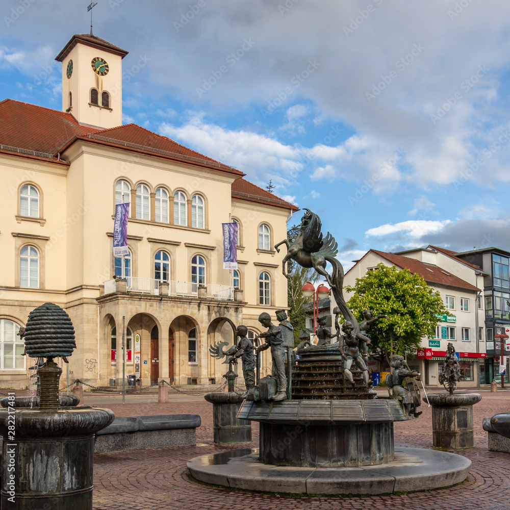 Sindelfingen, Baden Wurttemberg/Germany - May 11, 2019: City Gallery building, Stadtgalerie and market fountain.