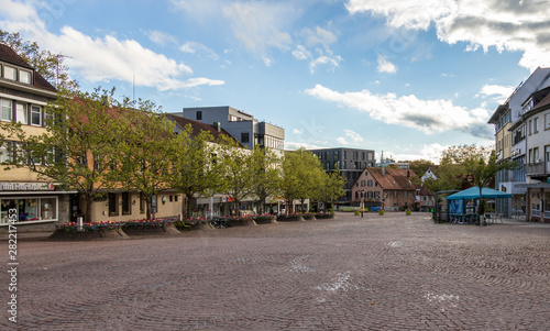 Sindelfingen, Baden Wurttemberg/Germany - May 11, 2019: Street Scenario of Central Market Square, Marktplatz, without pedestrians.
