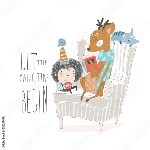 Cute deer reading book to a little boy