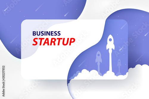 business startup competition banner concept Rocket Vector and illustration flying rocket.Space travel to the moon.Space rocket launch.Project start up Solar System and text space