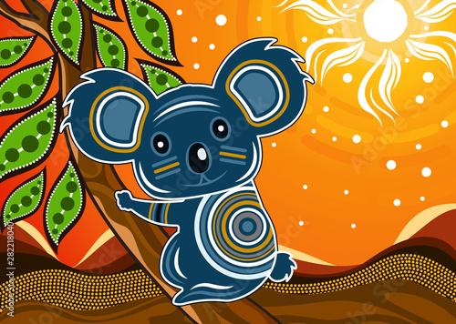 Aboriginal art vector painting with Koala bear on wood branch with green leaves.