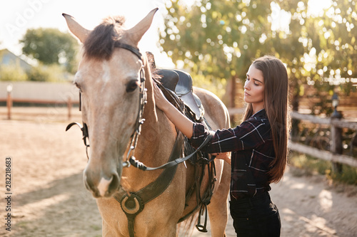 Pretty young caucasian woman in checked shirt grooming her brown cute horse, put saddle on horseback, smiling gently love pets, standing sunny summer day on meadow farm, mounting horse for stroll