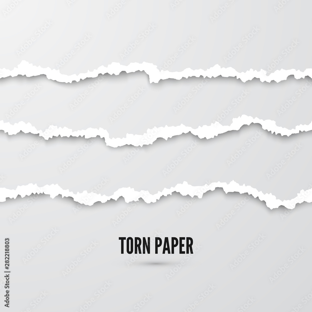 Set of horizontal seamless torn paper stripes with shadow. Paper texture with damaged edge. Vector illustration