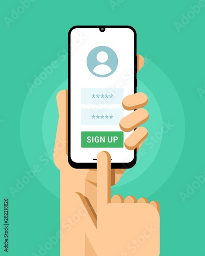 Smartphone mockup in human hand. Sign up screen in application with login and password. Vector illustration