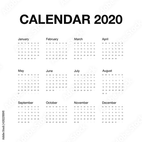 Minimalistic desk calendar 2020 year. Design of calendar with english name of months and day of weeks. Vector illustration isolated on white background