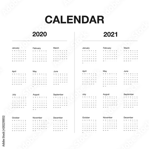 Minimalistic desk calendar 2020 and 2021 years. Design of calendar with english name of months and day of weeks. Vector illustration