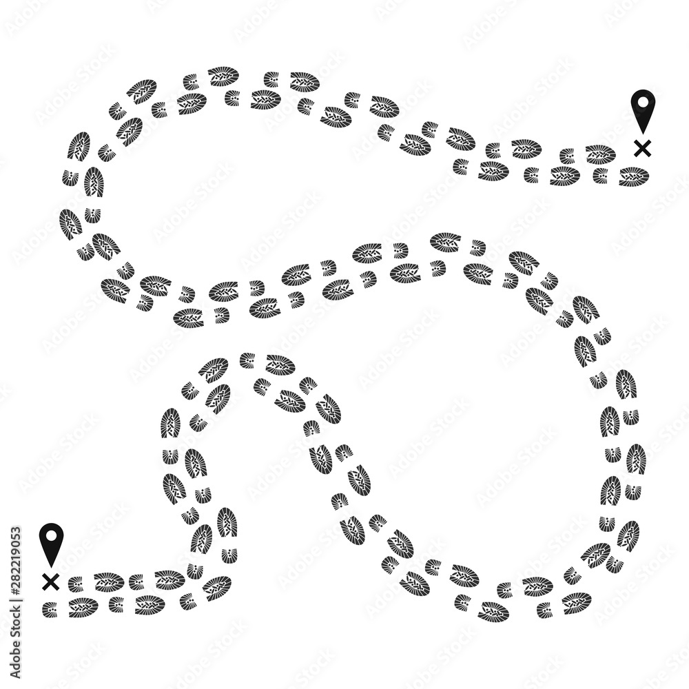 Footprint pathway from one pointer on map to another. Vector illustration isolated on white background Footprint pathway from one pointer on map to another. Vector illustration isolated on white background