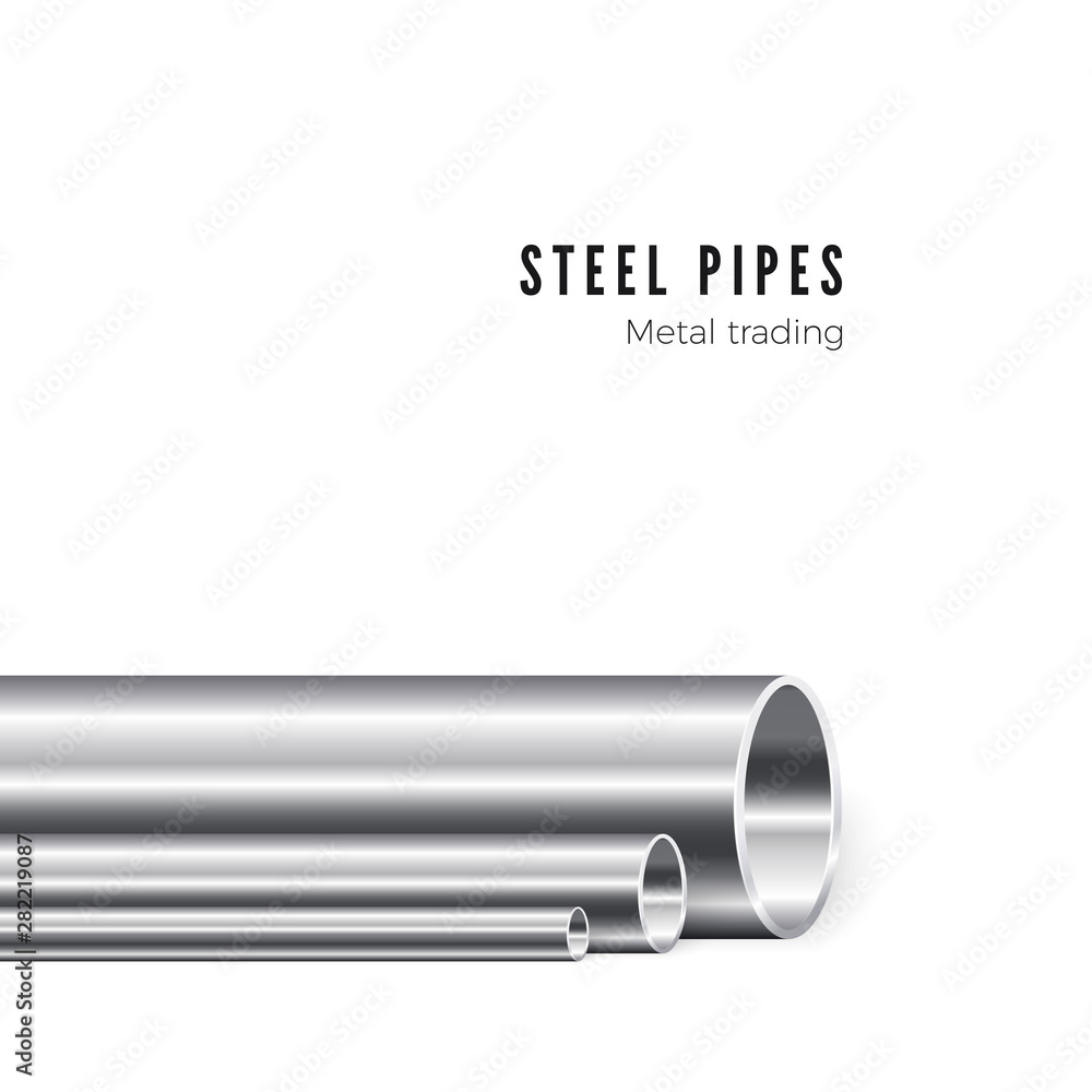 Metal pipe manufacturing. Group of new iron tubes. Piping production. Vector illustration isolated on white background Metal pipe manufacturing. Group of new iron tubes. Piping production. Vector illustration isolated on white background